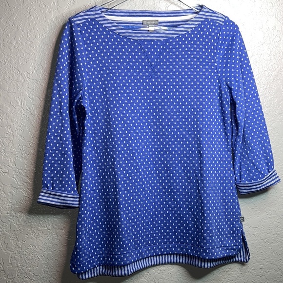 Talbots BNWOT Blue and White Polka Dot/Striped 3 Quarter Inch Sleeve Top - Picture 2 of 6